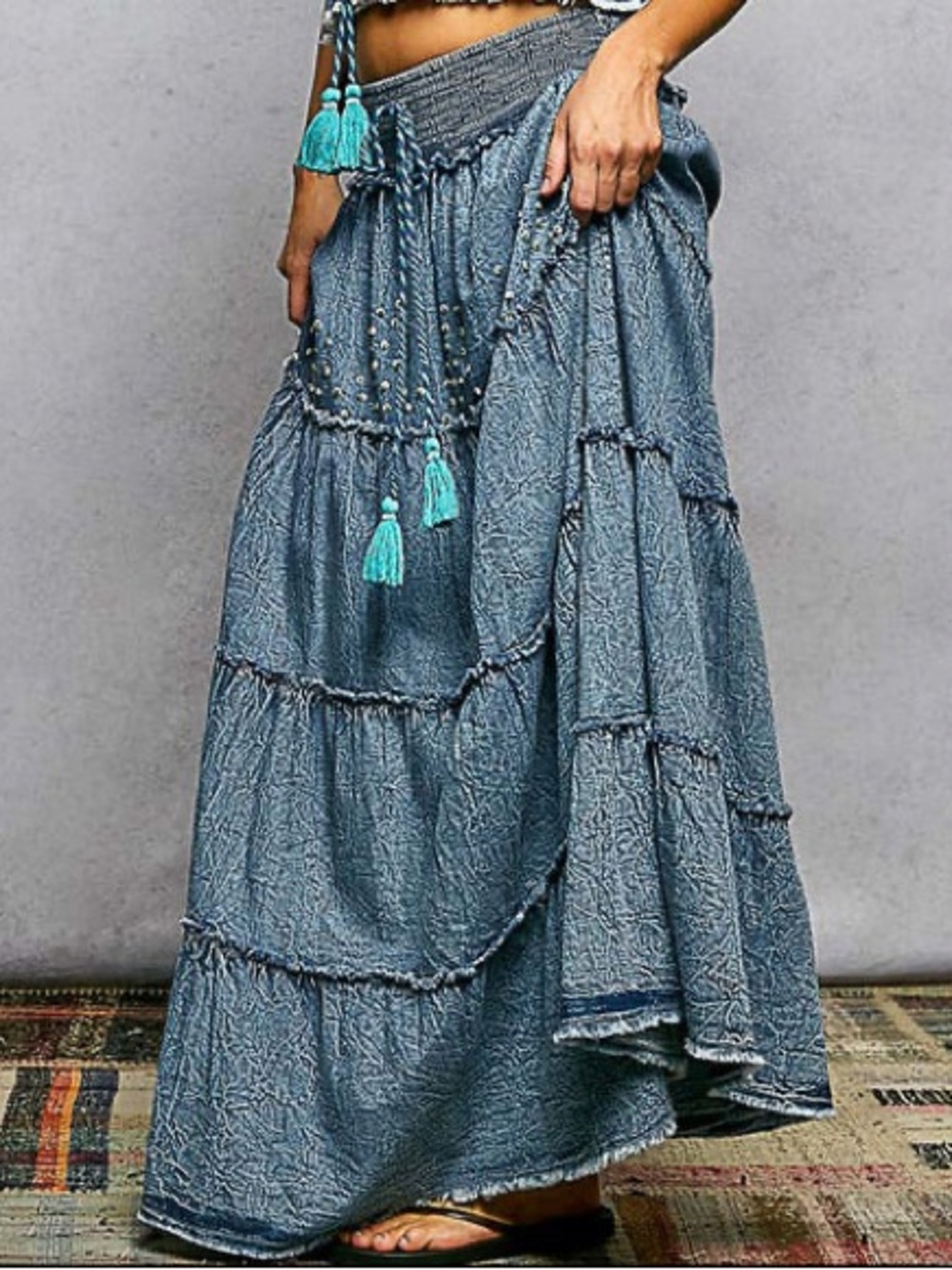 POL Bohemian Tiered Denim Maxi Length Smocked Waist Beaded Skirt - Picture 9 of 10